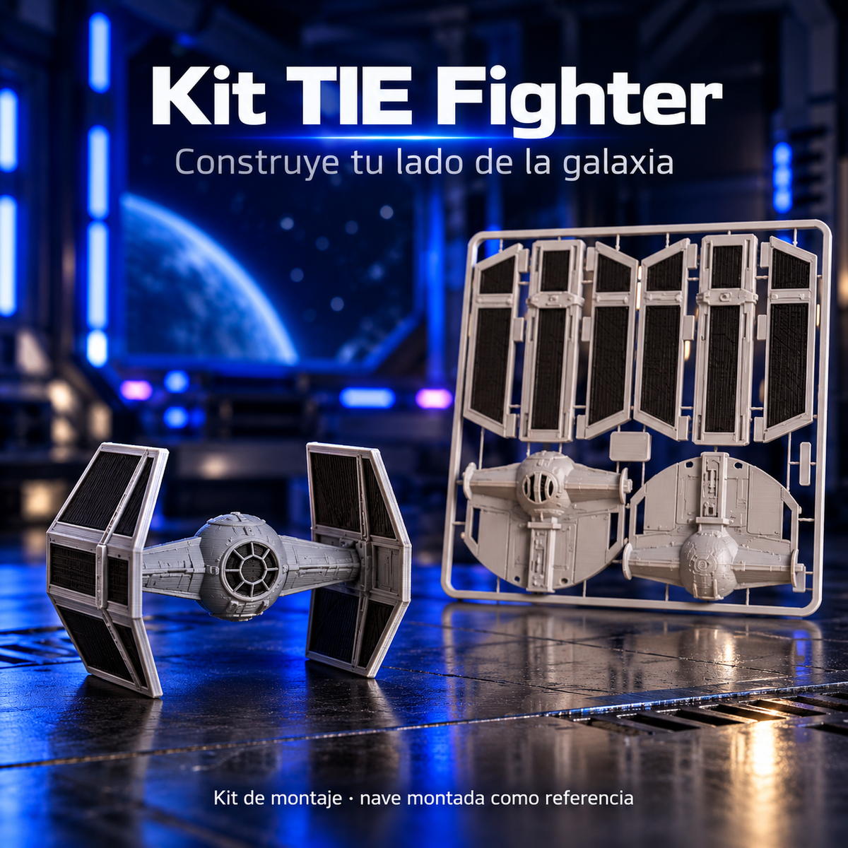 Kit de montaje TIE Fighter gris con paneles negros. Marco de piezas y nave montada como referencia.